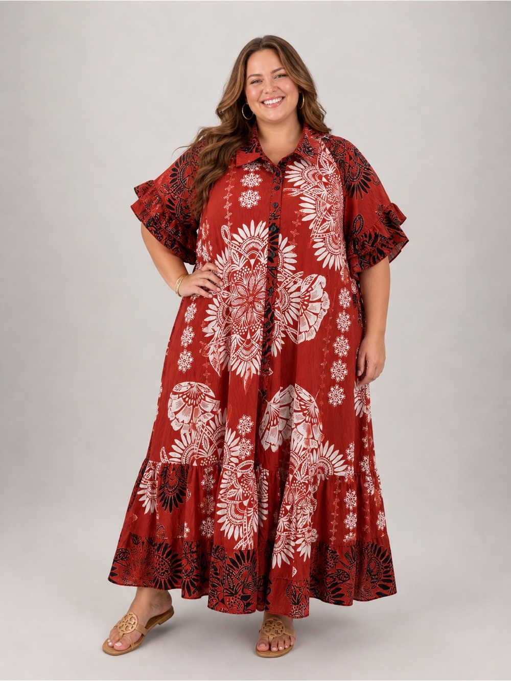 Anthropologie Rust Red and Black Floral Print Shirt Dress